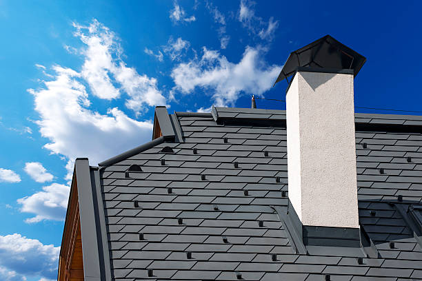 Detail of modern metallic roof with snow guards on blue sky